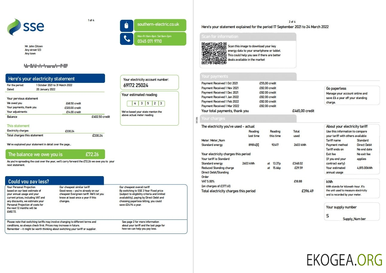 United Kingdom SSE Energy utility bill, Word and PDF template, 4 pages 1 2